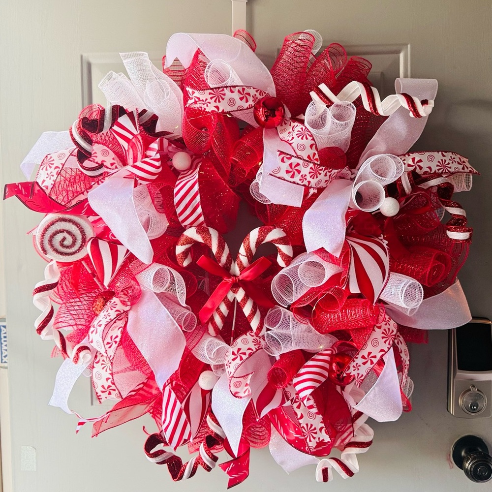 Vibrant Red and White Peppermint Holiday Wreath